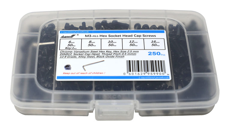 iexcell 250 Pcs M3 x 6/8/10/12/16 Alloy Steel 12.9 Grade Hex Socket Head Cap Screws Bolts Assortment Kit, Black Oxide Finish