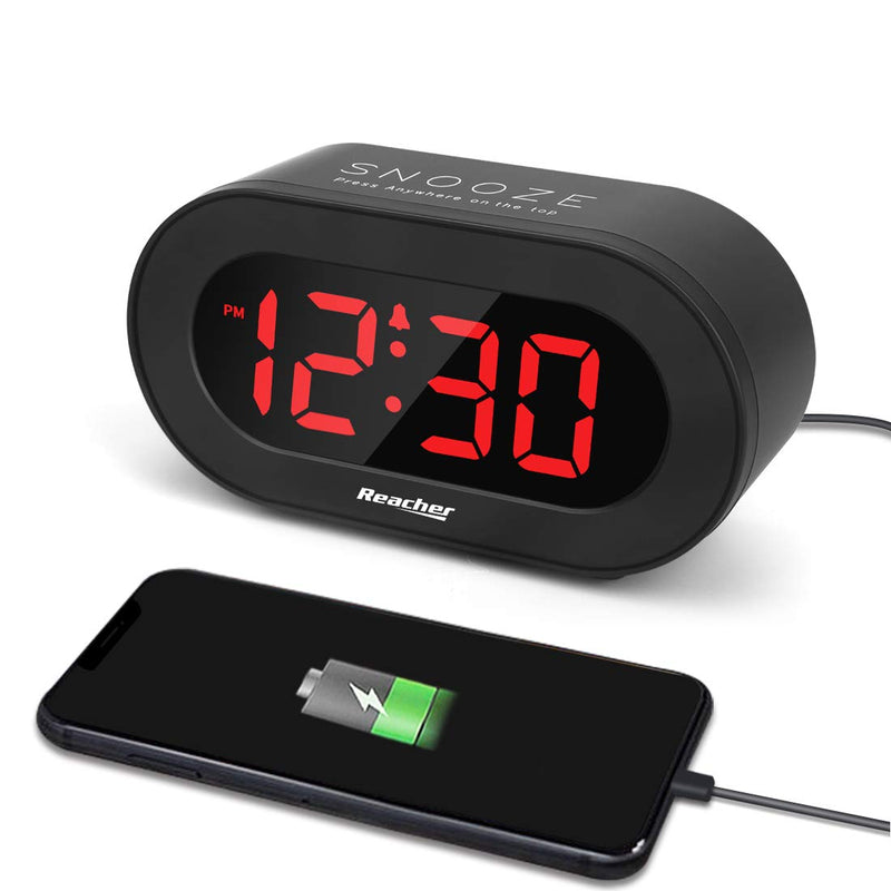 REACHER Small LED Digital Alarm Clock with Simple Operation, Full Range Brightness Dimmer, USB Phone Charger Port, Easy Snooze, Adjustable Alarm Volume, Outlet Powered for Bedrooms Bedside(Black) Black+red Digit