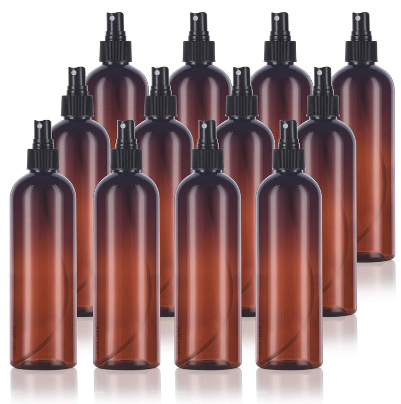 12 oz Amber Slim Tall Boston Round Plastic PET Bottle (BPA Free) with Black Fine Mist Spray (12 pack)