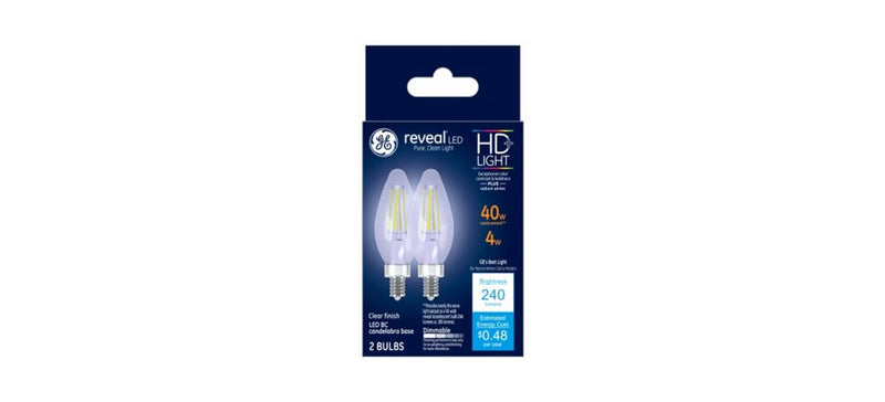 Reveal HD+ Decorative LED Light Bulbs, Candelabra-Base, Clear, Dimmable, 240 Lumens, 3.2-Watts, 2-Pk. -31889