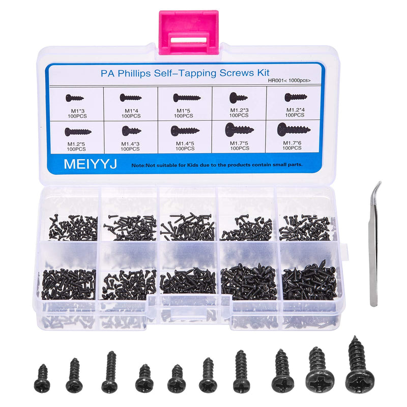 10 Kinds Small Multi-Purpose M1 M1.2 M1.4 M1.7 Phillips Head Micro Screws Self-Tapping Electronic Screws Assortment Kit Pack of 1000 Black