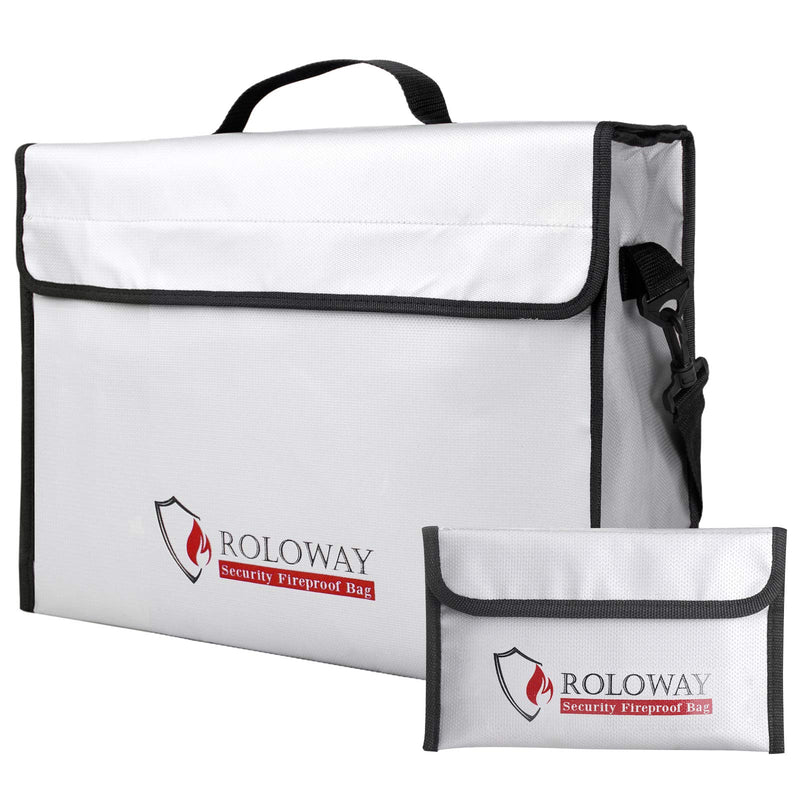 ROLOWAY Fireproof Document & Money Bags, Large Fireproof & Water Resistant Bag (15 x 12 x 5 inches), Fireproof Folder Safe Bag for Cash, Valuables & Passport, with Silicone Coating & Zipper Closure Large + Small Silver without Reflective Strip