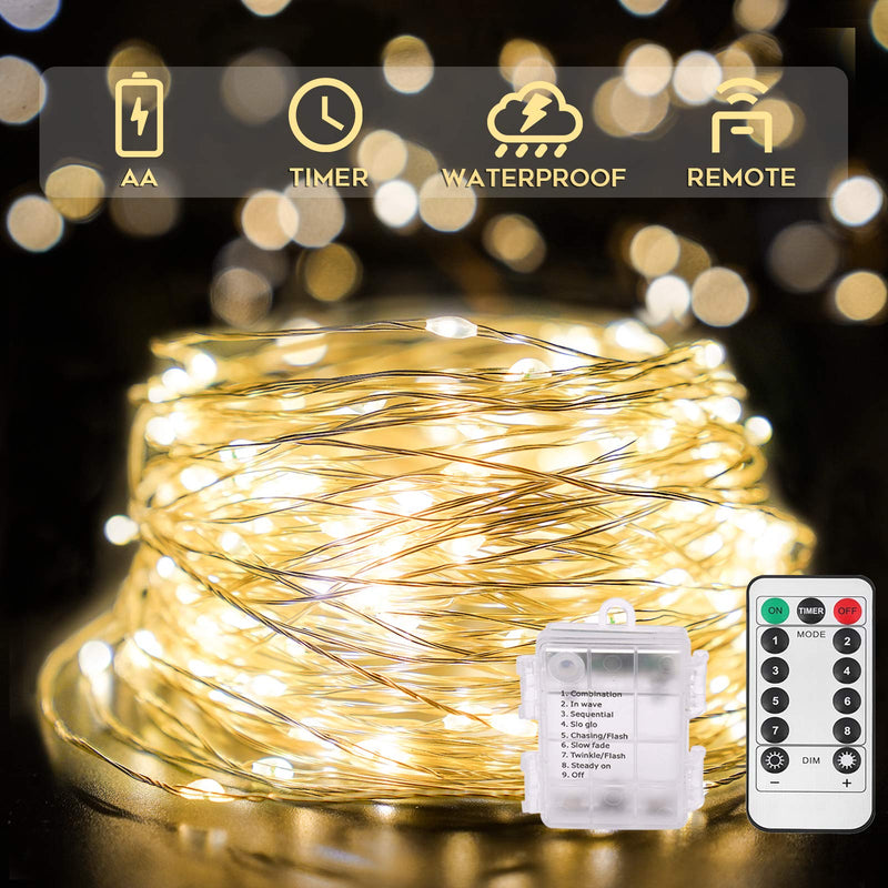 33ft 100 LED Outdoor String Lights, Warm White Fairy Lights Battery Operated with Remote, Led Twinkle Lights for Bedroom, Dorm, Backyard, Wedding, Tree, Mason Jar, Wall, Christmas 33 feet