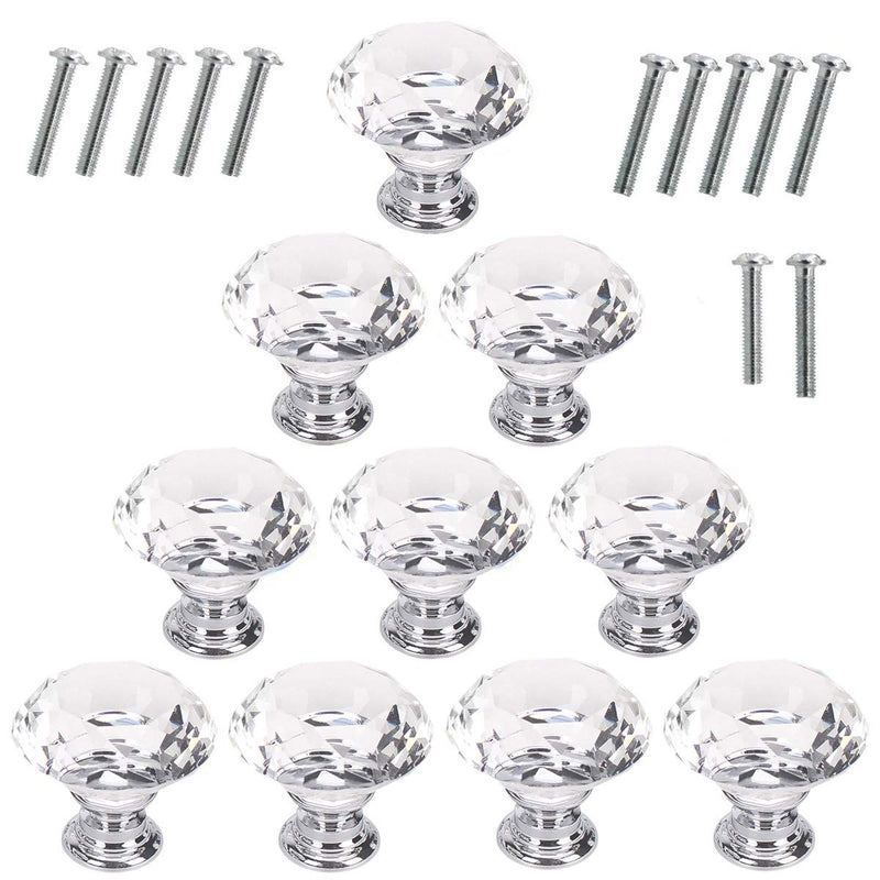 10 Pcs Crystal Glass Cabinet Knobs 30mm Diamond Shape Drawer Kitchen Cabinets Dresser Cupboard Wardrobe Pulls Handles (Clear) Clear-Silver