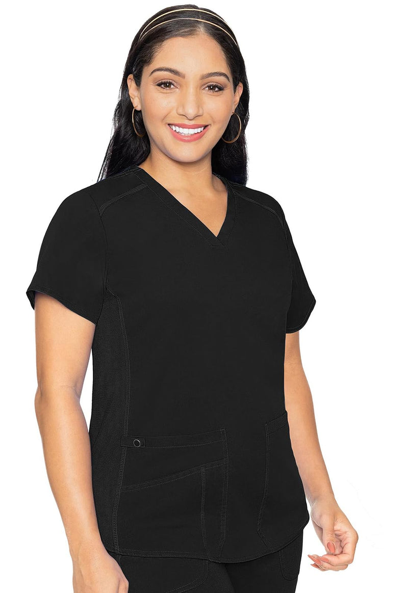 Med Couture V-Neck Scrub Top for Women with 4 Pockets, Rib-Knit Side Panel, and Shirttail Hem MC7459 X-Large Black