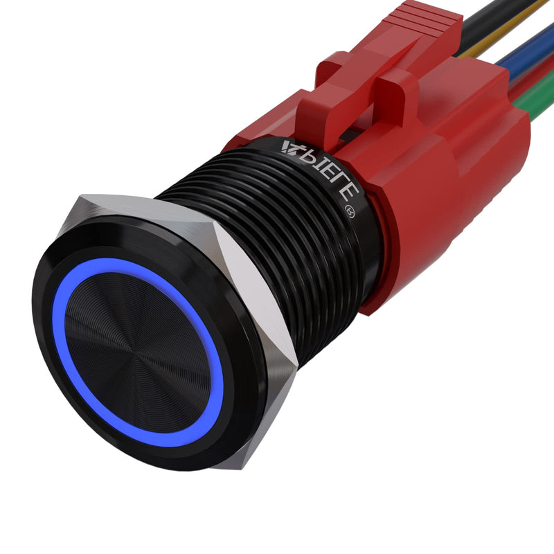 APIELE 16mm Momentary Black Push Button Switch On Off with 12V LED Angel Ring Head for 16mm 0.63" Mounting Hole with Wire Socket Plug Self-Reset (Blue/Black Shell) Black Shell-Blue