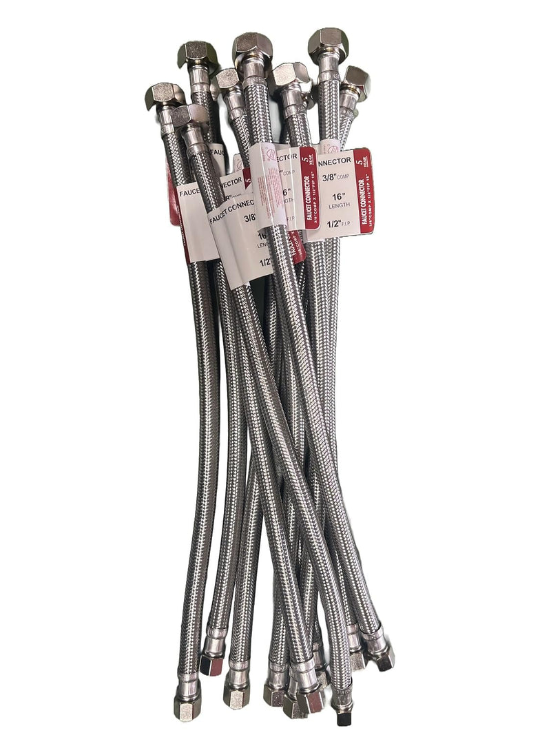 EZ-Fluid (10) 16" Water Supply Line,1/2" Fip x 3/8" Comp LF,Brass Nuts,Universal Stainless Steel Braided Faucet Water Supply Line Connector,Water Supply Hose Connector Lines For Kitchen,Bathroom 1 Pack of 10-16Inches