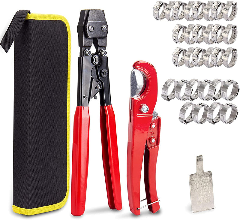 KOTTO Ratchet PEX Crimping Clamp Cinch Tool & Pipe Hose Cutter Meets ASTM 2098 & Stainless Steel Pipe Clamps, Pipe Fitting Tool Kit Sizes 3/8" to 1" - 20 pcs 1/2", 10 pcs 3/4" Clamps With Storage Bag PEX Crimping Tool
