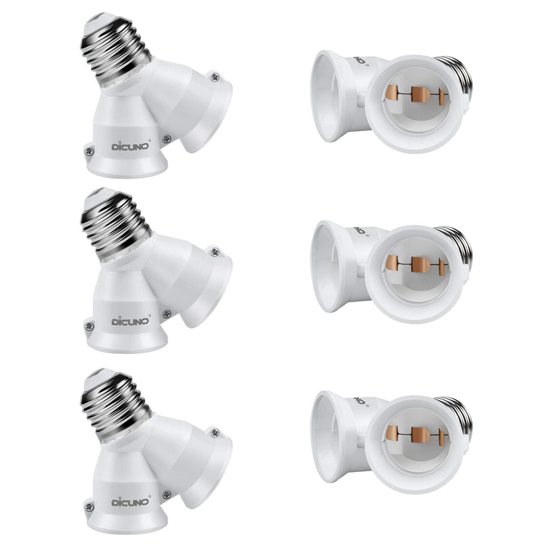 DiCUNO 2 in 1 E26 Socket Splitter Adapter, Two E26 Standard Medium Base Bulbs in One Socket Y-Shape Lamp Holder Converter, Maximum 200W and 165℃ Heat Resistant Light Bulb Splitter 6Pcs 6
