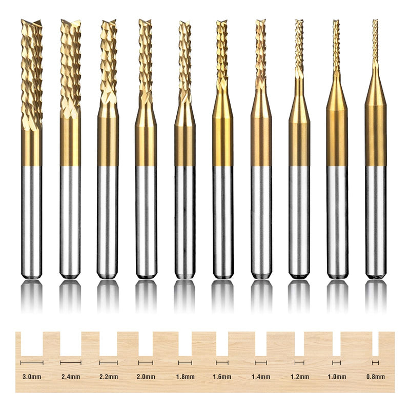 Titanium Coated Engraving Milling Cutter Carbide Bits, 0.8-3mm, 1/8'' Shank, 10 Pieces, for Dremel Rotary Tools