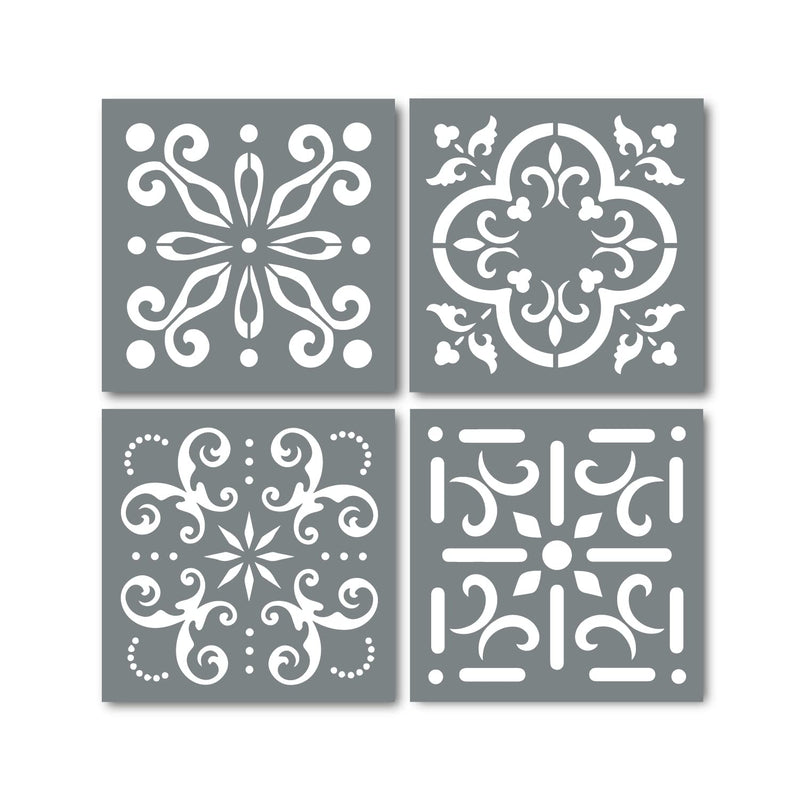 Pack of 4 Tile Stencil Set (4 x 4 inches), Mexican Pattern, Reusable Stencils for Painting Floors/Walls/Furniture, Fits 4” x 4” Tiles, DIY Talavera Mosaic Home Decor, Made in USA 4 x 4 Inches