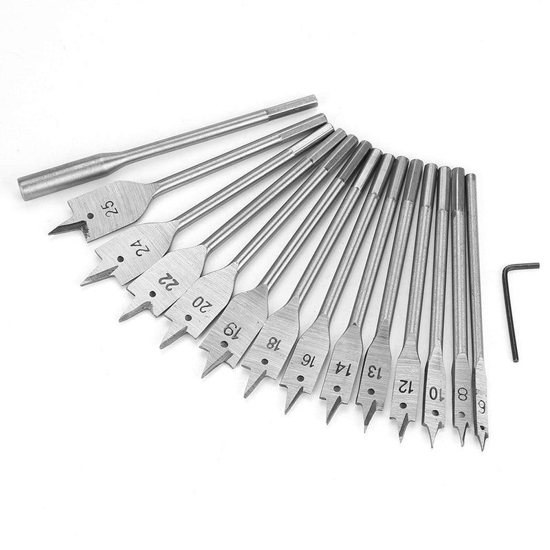 15pcs Flat Wood Drill Bits, Carbon Steel Hex Shank Spade Flat Wood Drill Bit Set 6‑25mm for Wood Drilling Power Tools