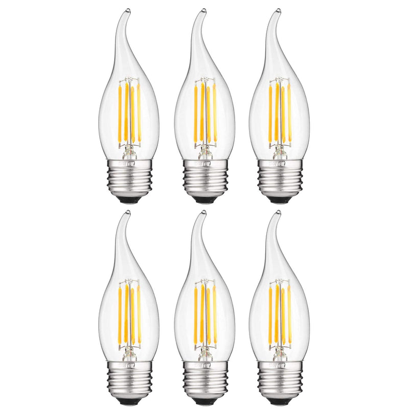 Sunlite LED Filament CA11 Flame Tip Chandelier Light Bulb, 4 Watts (40W Equivalent), Medium E26 Base, Clear Glass, Dimmable, 2700K Soft White, 6 Pack