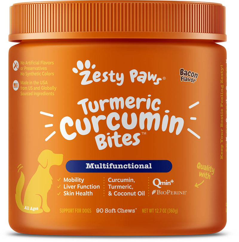 Zesty Paws Turmeric Curcumin for Dogs - for Hip & Joint Mobility Supports Canine Digestive Cardiovascular & Liver Health - Coconut Oil for Skin Health with 95% Curcuminoids + BioPerine Bacon, 90 Count 90 Count (Pack of 1)