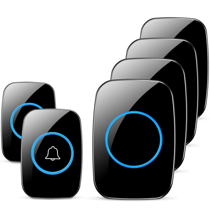 Wireless Doorbell, FullHouse Waterproof Door Bell Kit, Distinguish front and rear doors, Over 1000 feet Range and 60 Chime, 5 Levels Volume and LED Flash, for Home Office Classroom 2 Push Button + 4 Plug-In Receiver Black