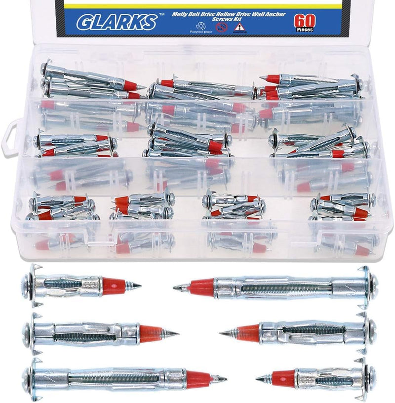 Glarks 60Pcs Heavy Duty 1/8 inch 35/46/59mm Zinc Plated Steel Molly Bolt Drive Hollow Drive Wall Anchor Screws Assortment Kit Molly Bolt Kit