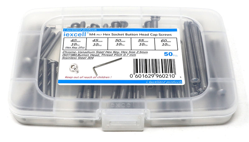 iexcell 50 Pcs M4 x 40/45/50/55/60 Stainless Steel 304 Hex Socket Button Head Cap Screws Bolts Assortment Kit
