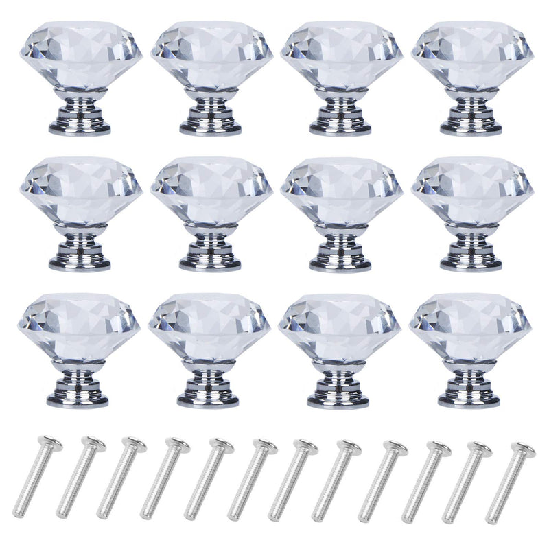 12 Pack Drawer Knobs Diamond Shaped Crystal Glass 30mm Cabinet Knobs Pull Handles (Silver) 30 mm, 12 Pack Silver