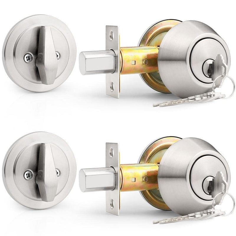Probrico(2 Pack Keyed Alike Single Cylinder Deadbolts Brushed Nickel (Combo Packs), Keyway Keys Handleset, 3 Keys Anti-Theft Interior& Exterior Door Hardware (for Entrance Lock and Front Gate) 2 Pack