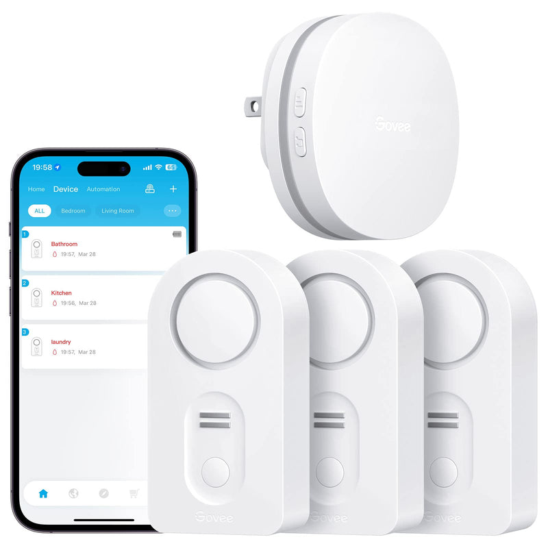 Govee WiFi Water Sensor 3 Pack, Smart Water Leak Detector, 100dB Adjustable Alarm Suit for Home and Basement, Water Leak Alert with Email & APP Push 3 sensor + Gateway