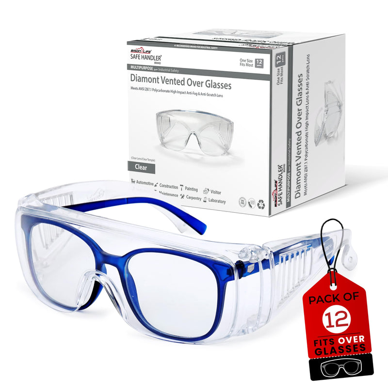 SAFE HANDLER BISON LIFE Diamont Vented Over Glasses Safety Glasses | Meets ANSI Z87.1, Impact Resistant Polycarbonate Lens Clear 12