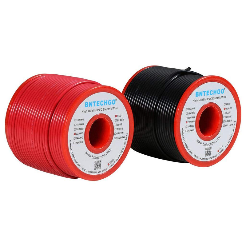 BNTECHGO 22 Gauge PVC 1007 Solid Electric Wire Red and Black Each 100 ft 22 AWG 1007 Hook Up Tinned Copper Wire 22 Gauge PVC Solid Wire Each Color 100ft 22 Gauge PVC Solid Wire red and black