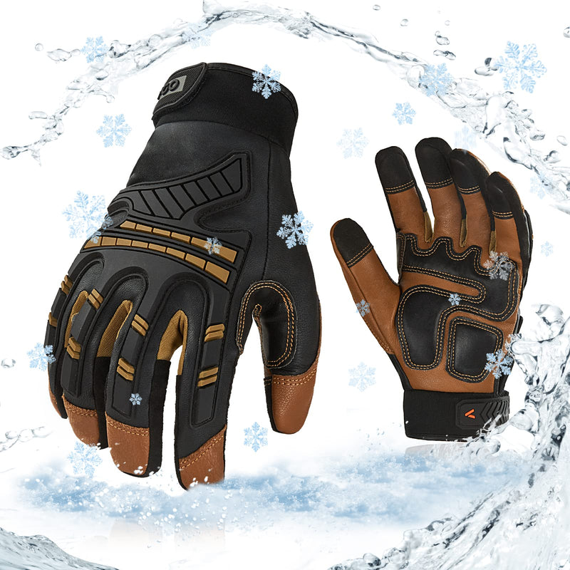 Vgo... -4℉ or above Winter Waterproof High Dexterity Heavy Duty Mechanic Glove, Anti-vibration, Anti-abrasion, Touchscreen (1 Pair,L,Brown,GA8954FW) Large Brown