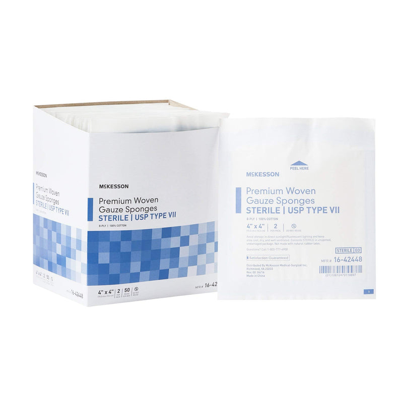 McKesson Premium Woven Gauze Sponges, Sterile, 8-Ply, USP Type VII, 100% Cotton, 4 in x 4 in, 2 per Pack, 50 Packs, 100 Total