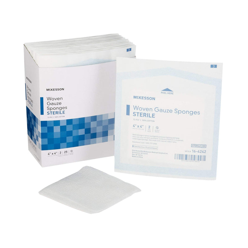 McKesson Woven Gauze Sponges, Sterile, 12-Ply, 100% Cotton, 4 in x 4 in, 2 per Pack, 25 Packs, 50 Total