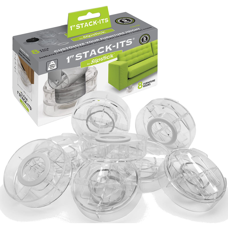 Slipstick CB658 Stack-Its 1 Inch Adjustable Bed Risers/Furniture Risers (Set of 8) Lifts Height 1", 2", or 3" When Stacked - Clear Heavy Duty Raisers 4" W x 1" H