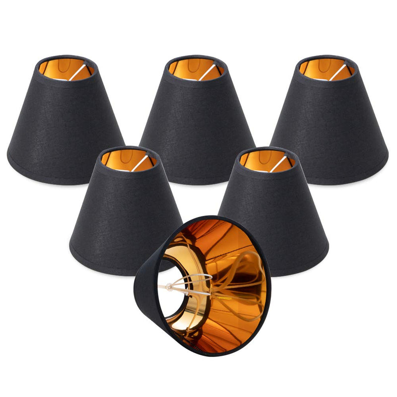 Wellmet Chandelier Lamp Shades, ONLY FOR CANDELABRA BULBS, Clip-on Fitter Lampshade, 3" X 6" X 5", Set of 6 Black-Gold
