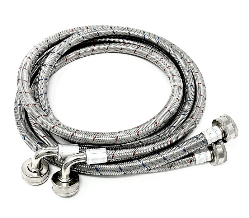2-pack premium stainless steel washing machine hoses - 5 FT no-lead burst proof red and blue lined water inlet supply lines - universal 90 degree elbow connection - 10 year warranty