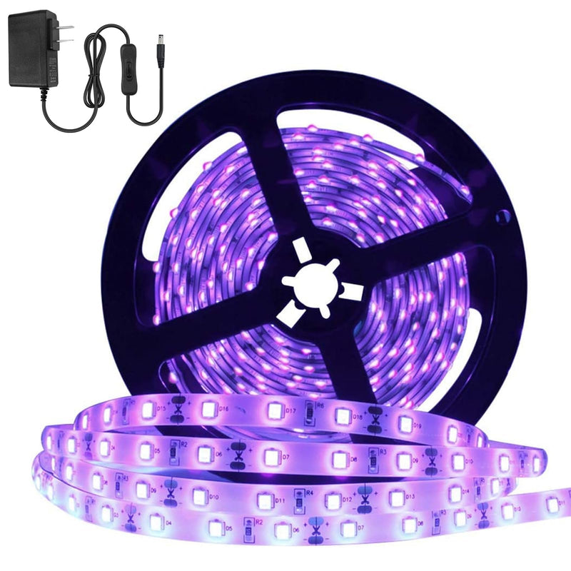 YGS-Tech 24 Watts UV Black Light LED Strip, 16.4FT/5M 3528 300LEDs 395nm-405nm Non-Waterproof Blacklight Night Fishing Implicitly Party with Power Supply 24Watts