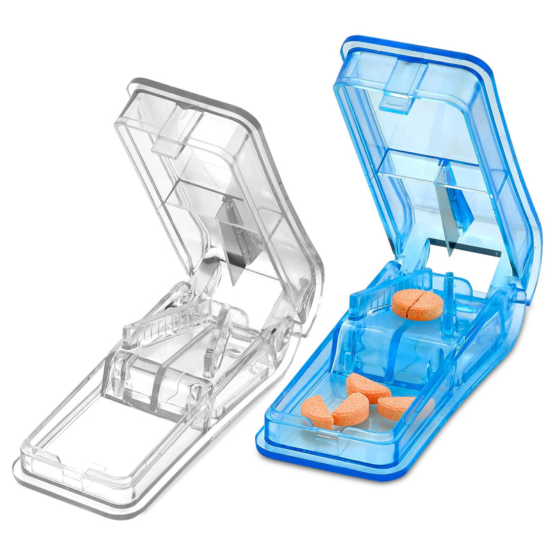 Pill Splitters - (Pack of 2) Pill Cutters with V- Grip for Small and Medication - Easily Cut Pills, Splitter | Cutter and Crusher with Pill Holder Case to Spli (1) Blue + (1) Clear