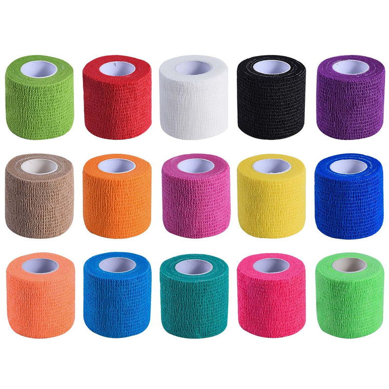 15 Pack 2 Inch x 5 Yards Self Adhesive Bandage Breathable Cohesive Bandage Wrap Rolls Elastic Self-Adherent Tape for Stretch Athletic, Sports, Wrist, Ankle 15 Count (Pack of 1) Colorful