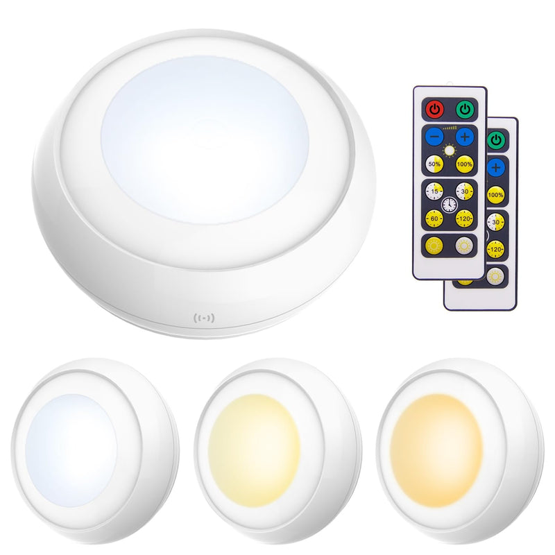LUXSWAY Battery Powered Push Lights, Wireless Puck Lights, Dimmable Under Cabinet Lights with Nature/Warm/Cool Light, Remote Control Stick on Lights for Closet Cabinet Stair,Timer ON/OFF- 4Pack