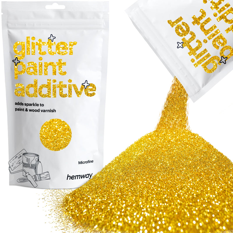 Hemway Glitter Paint Additive Crystals for Acrylic Emulsion Paint, Interior & Exterior Walls, Wood, Varnish, Matt, Gloss, Furniture 100g / 3.5oz - Microfine (1/256" 0.004" 0.1mm) - Gold