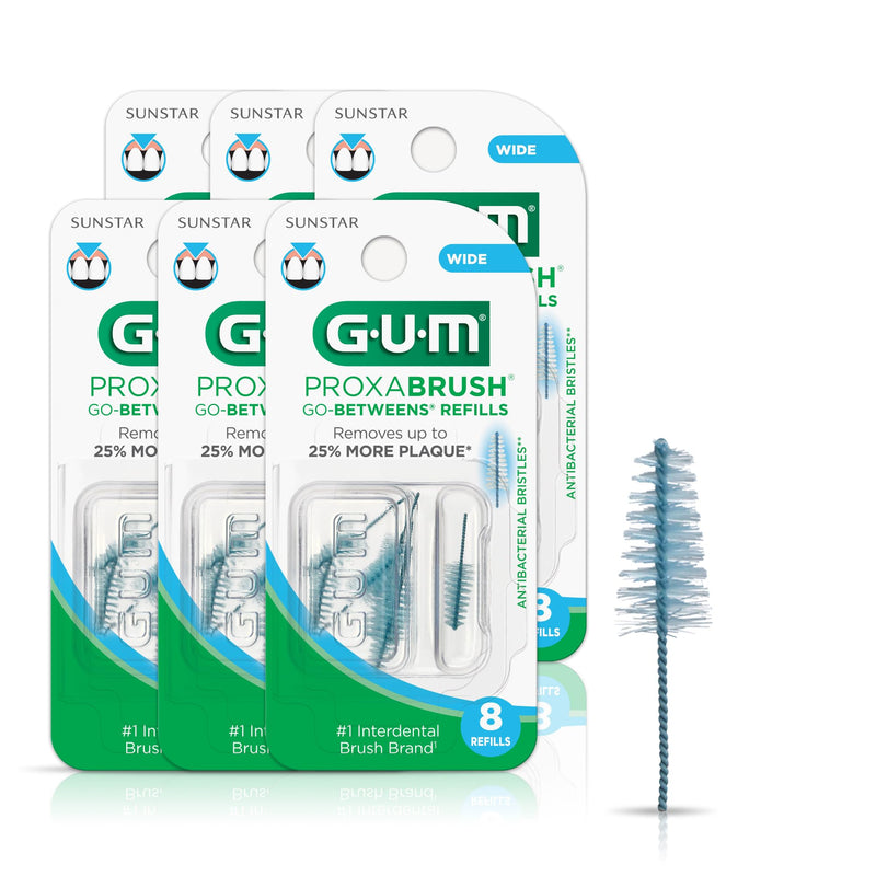 GUM Proxabrush Go-Betweens Refills - Wide - Compatible with GUM Permanent Handle - Reusable Interdental Brushes - Soft Bristled Dental Picks, 8ct(6pk)