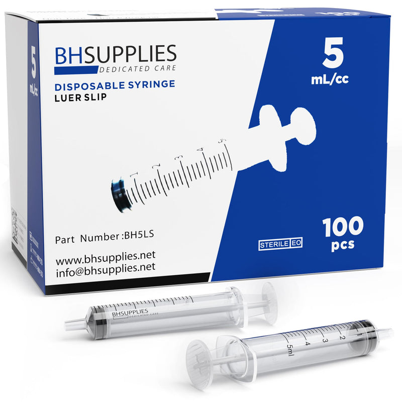 BH Supplies 5ml Oral Syringe (No Needle) - Sterile, Individually Wrapped - 100 Syringe 5 mL - Luer Slip 100.0