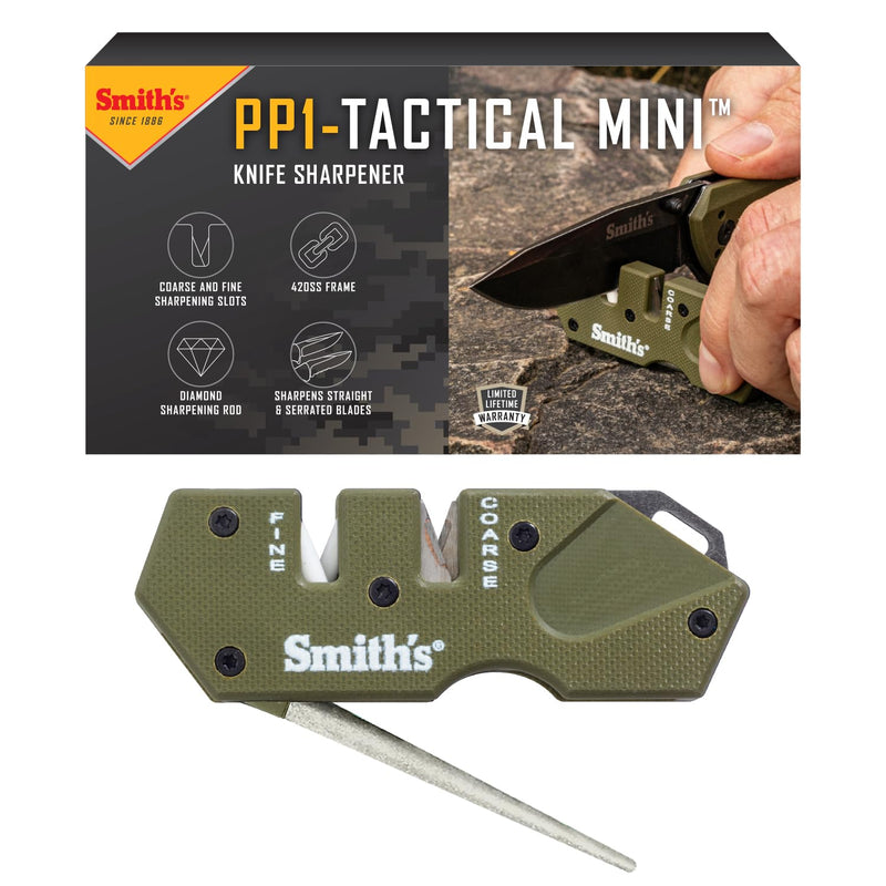 Smith’s Pocket Pal Tactical Knife Sharpener - 2 Stage Sharpener & Diamond Sharpening Rod - Pocket Clip - Outdoor Hunting Knife & Hook Sharpener - Compact & Lightweight PP1-Mini Tactical (OD Green)