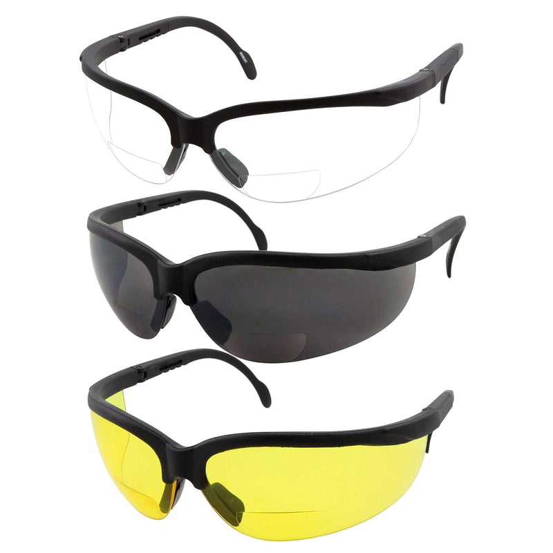 grinderPUNCH 3 Pairs Combo Bifocal Safety Reading Glasses - Assorted Colors Clear Black Yellow Lens - With Side Cover (Diopter +1.00) Diopter +1.00