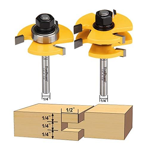 FivePears 2 Pieces of Tongue and Groove Router Bits Set with 1/4" Shank,3 Teeth T Shape Wood Milling Cutter Woodworking Tool 1/4-Inch Shank
