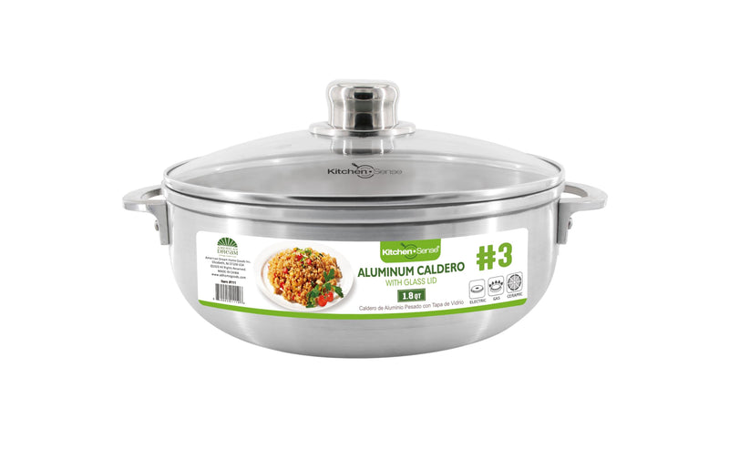Kitchen Sense Aluminum Caldero Pot with Glass Lid, 1.8 Quart Dutch Oven, Nonstick Surface, Easy to Grip Handles, Ideal for Stew, Braising, Boiling, Cooking Rice, Spanish Meals 1.8 Quarts