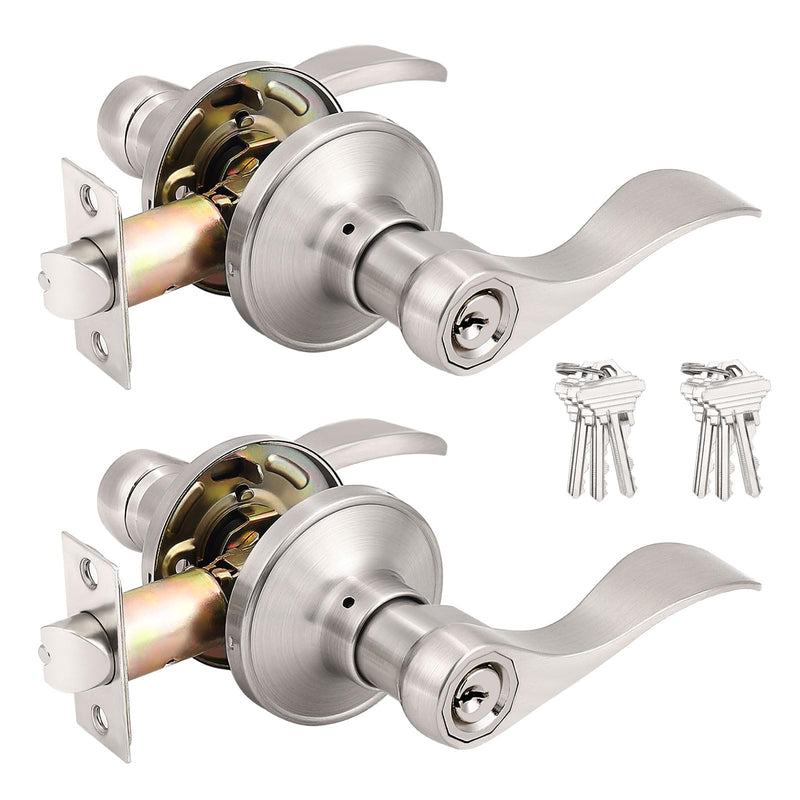 Probrico (2 Pack Wave Style Keyed Alike Entry Levers, Exterior Interior Satin Nickel Keyed Door Handles with Lock and Same Keys, Reversible for Right Left Handed Doors 2 Pack