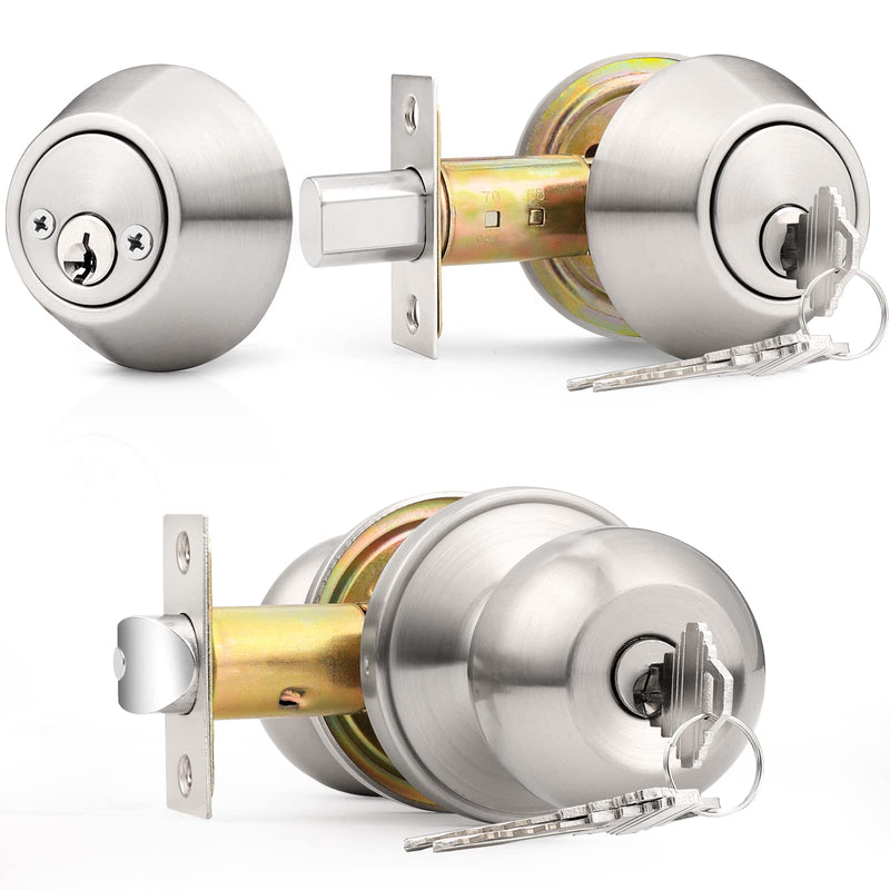 Probrico Satin Nickel Entry Door Knob and Double Cylinder Deadbolt Combo Pack, Keyed on Both Sides, Front Door and Exterior Gate Lockset Hardware 1 Pack Brushed Nickel