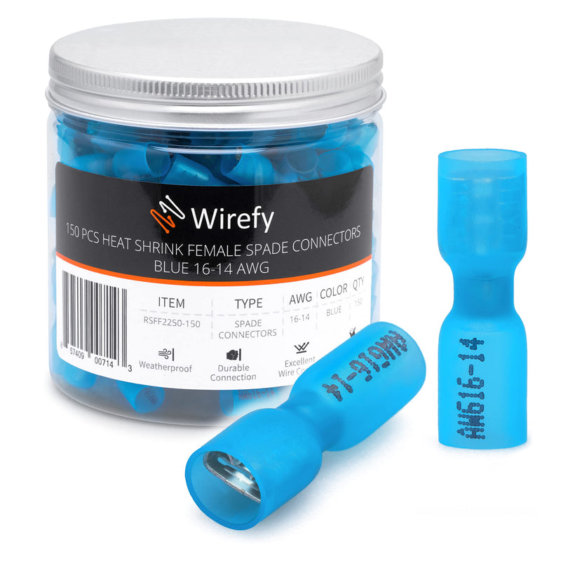 Wirefy 150 PCS Wire Spade Connectors - Female Spade Connector Heat Shrink - Quick Disconnect Wire Connectors - Electrical Spade Terminals - Female Spade Connector 16-14 Gauge | Blue Spade Connectors