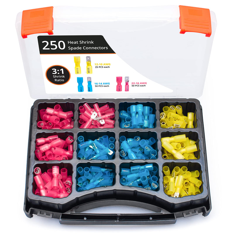 Wirefy 250 PCS Heat Shrink Spade Connector Kit - Male and Female Spade Wire Connectors - Quick Disconnect Electrical Terminals - 22-10 Gauge 22-10 Gauge - Kit Male/Female Spades Kit