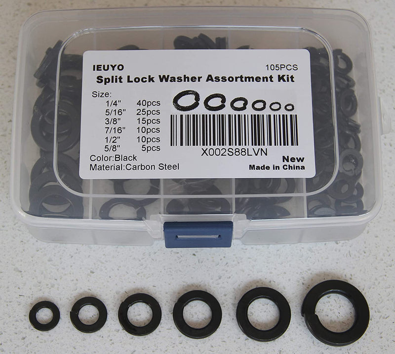 Carbon Steel Split Lock Washer Kit, Spring Lock Washer Gasket Black Oxide Finish 1/4" 5/16" 3/8" 7/16" 1/2" 5/8",105Pcs 1/4"5/16"3/8"7/16"1/2"5/8" Split style