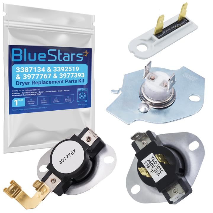 BlueStars [LIFETIME WARRANTY] 3387134 Cycling Thermostat 3392519 Dryer Thermal Fuse 3977393 Thermal Cut-off Switch 3977767 High-limit Thermostat Kit - Fit Whirlpool Kenmore Maytag Dryers Pack of 1