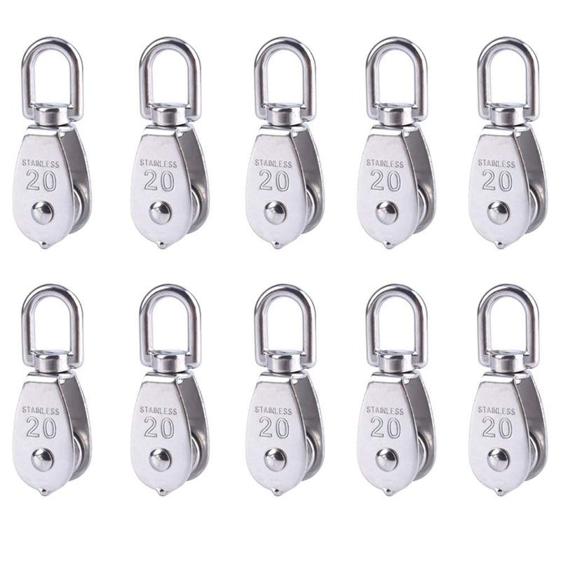 Rocaris 10 Pcs Stainless Steel Wire Rope Crane Pulley Block M20 Lifting Crane Swivel Hook Single Pulley Block Hanging Wire Towing Wheel M20-10 Pcs